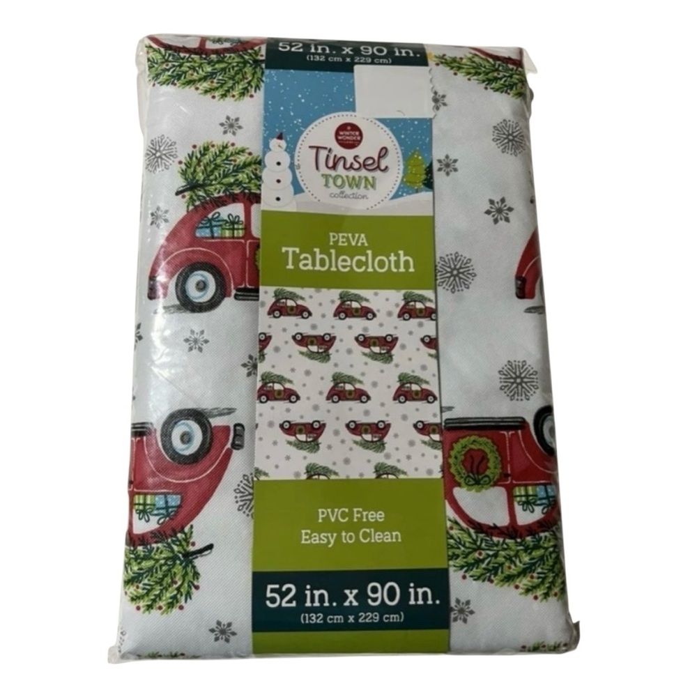 Tinsel Town Rectangular Tablecloth 52” X 90” Red Retro Car & Christmas Tree Peva
